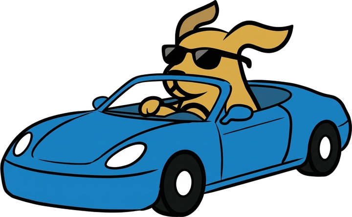 The GoAutoDog mascot: a dog in sunglasses driving a blue convertible